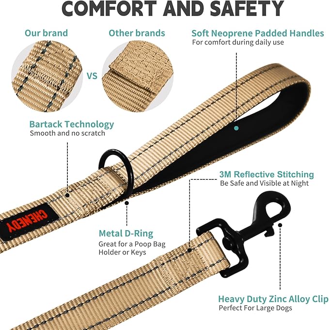 Dog Leash, Heavy Duty Dog Leash, Leashes for Large Breed Dogs, Double Handle Dog Leash, Reflective Training Lead, Perfect for Medium to Large Dogs(5FT, Khaki)