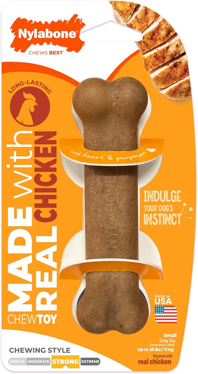 Nylabone Original Bone Strong Chew Toy for Dogs Made with Real Chicken, Durable Dog Chew Bones for Aggressive Chewers, Long-Lasting Flavor Keeps Dogs Busy, Small Dog Toys - Up to 25 lbs, 1 Count