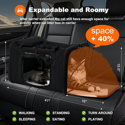 pidipiti 25''(L) x 17''(W) x 17''(H) Extra-Large Expandable cat Carrier for Long Distance car Travel,for 1 Extra-Large cat / 2 Large Cats / 3 Small-Medium Cats up to 35 lbs(Black)