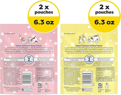 Temptations Kitten Crunchy and Soft Treats Chicken and Dairy and Salmon and Dairy Variety Pack, 6.3 oz. Pouches (Pack of 4)