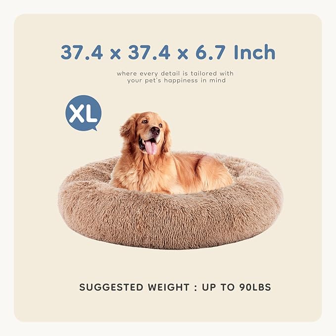 DUMOS 37.4x37.4 Inch Calming Donut Dog Beds for Large Dogs, Machine Washable Cuddler Warming Cozy Fluffy Faux Fur Plush Round Pet Bed Medium Sized Bed for Indoor Dogs and Cats, Brown