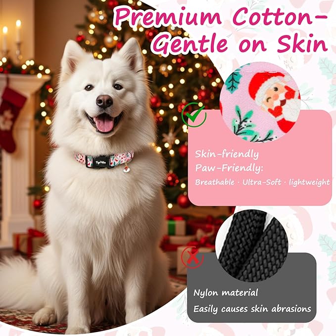 Christmas Dog Collar for Extra Dogs, Adjustable Pink Dog Collars with Jolly Santa Pattern, Cute Christmas Collar for Dogs, Winter Holiday Collar for Girl Boy Puppies-XS