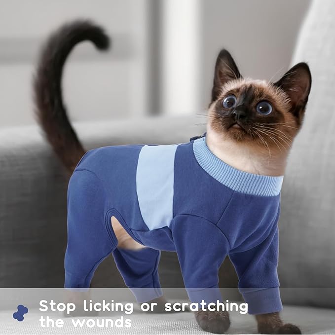 QBLEEV Cat Clothes, Soft Cat Sweaters for Cats Only, Kitten Surgery Recovery Suit Onesie Pajamas, Four Legs Cats Shirts Apparel Clothing for Hair Loss Prevention, Blue, L