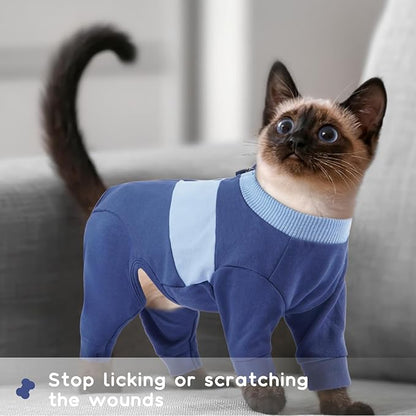 QBLEEV Cat Clothes, Soft Cat Sweaters for Cats Only, Kitten Surgery Recovery Suit Onesie Pajamas, Four Legs Cats Shirts Apparel Clothing for Hair Loss Prevention, Blue, XS