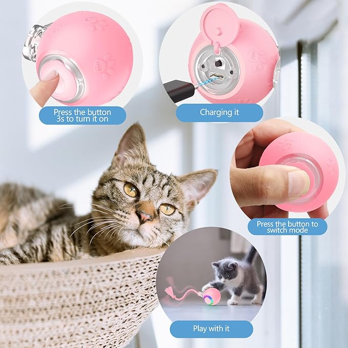 Interactive Cat Toys, Automatic Moving Cat Toys for Bored Indoor Adult Cats, Fast Rolling, Chirping & Motion-Activated Kitty Toys, Fun Gift for Cats with Speedy Tail 2.0, USB Rechargeable (Pink)