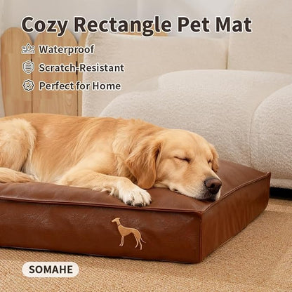 SOMAHE Dog Bed Medium Size Dog Orthopedic Beds for Small Dogs with Removable Washable PU Leather Cover Waterproof Brown 35.4×27.5×4inch
