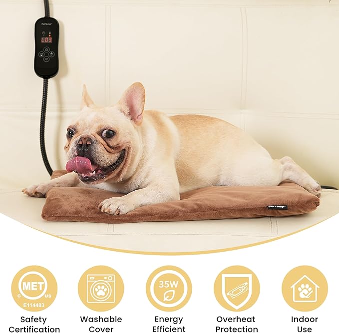 PetTemp Pet Heating Pad for Cats and Dogs, Heated Cat Bed & Dog Heating Pad with 5 Temperature Levels, Waterproof Heated Pet Mat with Timer, Auto Power-Off and Chew Resistant Cord, 20'' x 16''