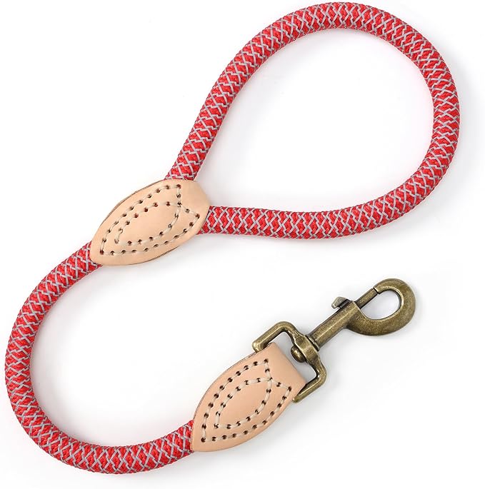 Mile High Life Short Dog Leash, Short Leash for Large Dogs, Reflective Dog Lead with w Leather Tip, Heavy Duty Leash for Large and Medium Dogs Training and Walking(Red, 18 Inch)