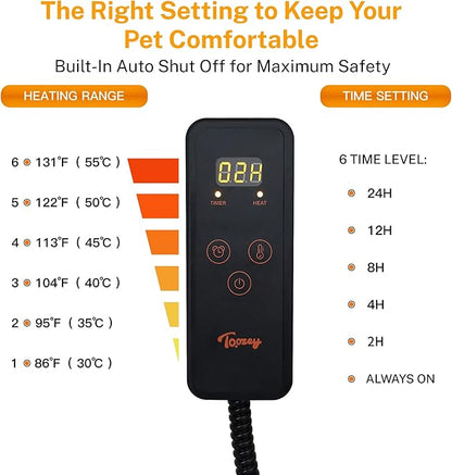 Toozey Large Pet Heating Pad, 6 Adjustable Temperature Dog Cat Heating Pad with Timer, Waterproof Heated Dog Bed with Chew Resistant Cord, Indoor Electric Pet Heated Mat 35x24in