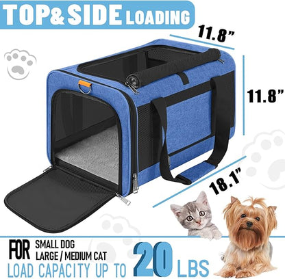 GAPZER Pet Carrier Large Cats 20 lbs Top Load/Soft Sided Small Dog Travel Carriers/Collapsible Carrier Bag for Medium Cat Puppy/Sturdy Transport Carriers Long Trips/Medium Cats 15 pounds Blue