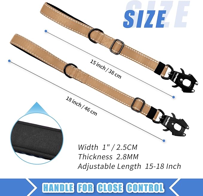 Strong Heavy Duty Dog Leash - Adjustable 15"-18" Reflective Nylon Training Leash with Padded Handle & Frog Clip, Traffic Control for Large Medium Dogs No Pull Walking Khaki