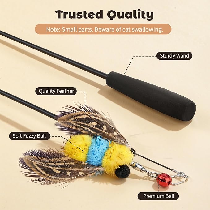VavoPaw Interactive Cat Toys for Indoor Cats, Retractable Cat Wand Toy with 4 Feather Toy Refills, Kitten Toys Teaser Wand for Bored Indoor Adult Cats and Kittens