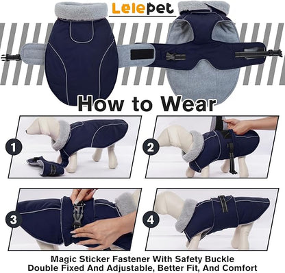 Lelepet Warm Dog Coat Waterproof Dog Jacket for Medium Dogs Reflective Fleece Vest with Adjustable Buckle Hook & Loop Windproof Cold Weather Coats for Small Medium Large Dogs, Navy Blue, M