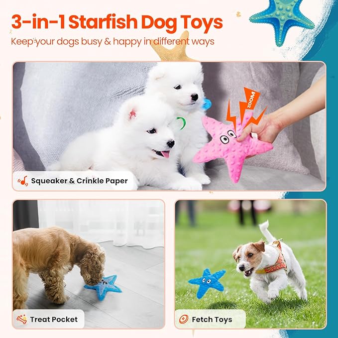 HGB Squeaky Dog Toys - Starfish No Stuffing Crinkle Plush Dog Toys for Small Medium Breeds, Puppy Toys to Keep Them Busy & Puppy Teething Chewing for Anxiety Relief and Fetch Training, 2 Pack