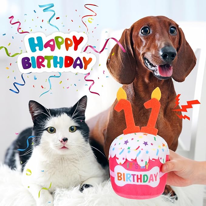 Dog Birthday Cake Toy Accessories for Girl Boy Gifts, Squeaky Plush Toy for Dog Birthday Party Decor Favor for Large, Medium and Small Dogs(11th,Pink)