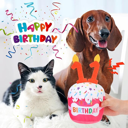 Dog Birthday Cake Toy Accessories for Girl Boy Gifts, Squeaky Plush Toy for Dog Birthday Party Decor Favor for Large, Medium and Small Dogs(11th,Pink)