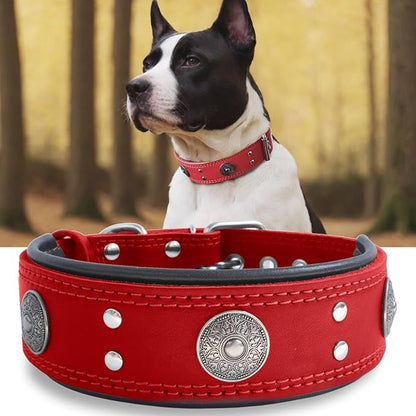Leather Dog Collar, 2 inches Wide Heavy Duty Genuine Leather Collars, Handmade, Soft, and Luxury, Eye-catching Best Choice for Large and Medium Breed Dogs, Red 15-19 ins