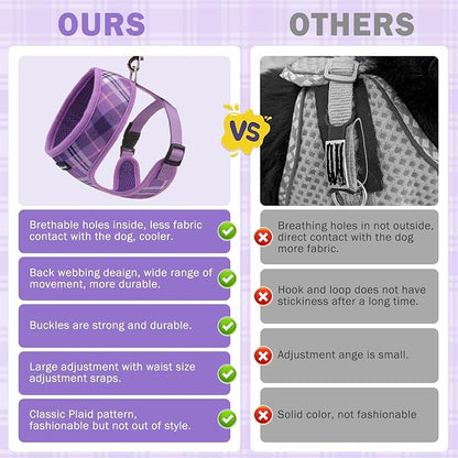 SCENEREAL No Pull Dog Harness Collar and Leash Set Small Medium Sized Dog, Soft Mesh Step in Puppy Harnesses, No Chock Plaid Adjustable Pet Vest for Outdoor Walking Training and Running, Purple M