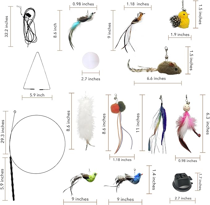 CUTIE PAW PAL Interactive Bird Simulation Cat Feather Toy Set - Suction Cup Cat Toys for Indoor Cats, Natural Feathers, Bells & Easy Clip-On, Perfect for Indoor Cats - 2 Free Pads, Suctions to Ground