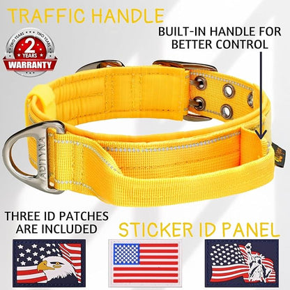 ADITYNA Heavy Duty Dog Collar for Medium Dogs - Reflective Yellow Collar with Handle for Training, and Walking - Wide, Thick, Tactical, Soft Neoprene Padded