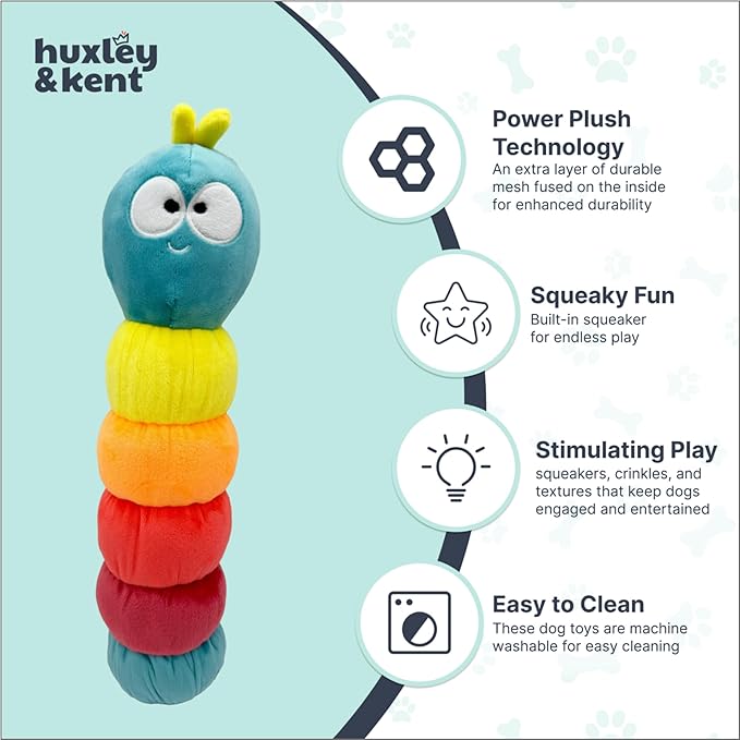 Huxley & Kent Funny Dog Toy w/Squeaker – Power Plush Squeaky Dog Toys for Small, Medium & Large Dogs – Soft Stuffed Animal for Indoor Play & Fetch - Fetchies® Caterpillar, Large