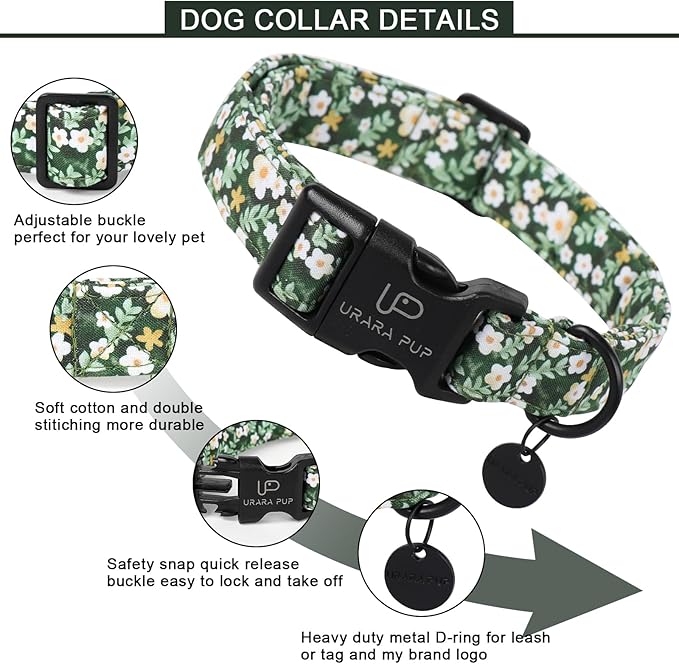 UP URARA PUP Summer Dog Collar, Flower Print Dog Collar with Adjustable Plastic Buckle, Lightweight Cute Pet Collar, Ideal Gift for Boy Girl Dogs