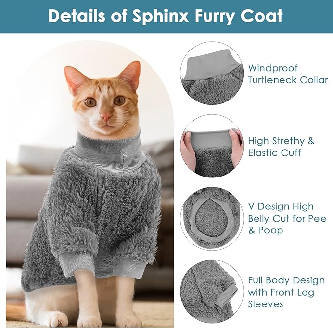 SUNFURA Sphynx Cat Sweater, Hairless Cats Turtleneck Pullover Kitten Sweaters for Cats Only, Warm and Soft Cat Pajamas Shirt with Sleeves Pet Winter Clothes Fleece Jumpsuit for Puppy, Grey M