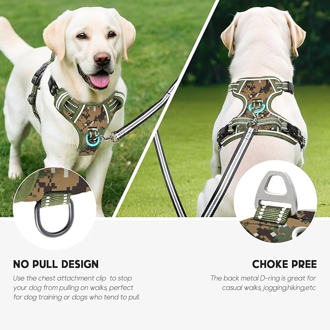 Timos Dog Harness Large Sized,No Pull Dog Harness Adjustable Metal Rings 3 Buckles,Reflective No Choke with Easy Control Handle for Large Dogs,Military Green XL