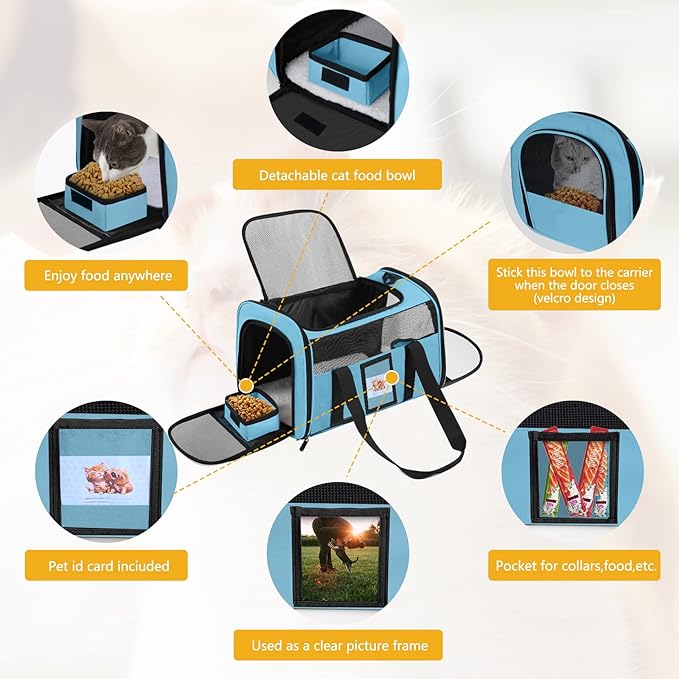 SECLATO Cat Carrier Dog Carriers Airline Approved for Small Dogs, Kitten, Carriers for Small Medium Cats Under 15lb, Collapsible Soft Sided TSA Approved Pet Travel Carrier-Blue