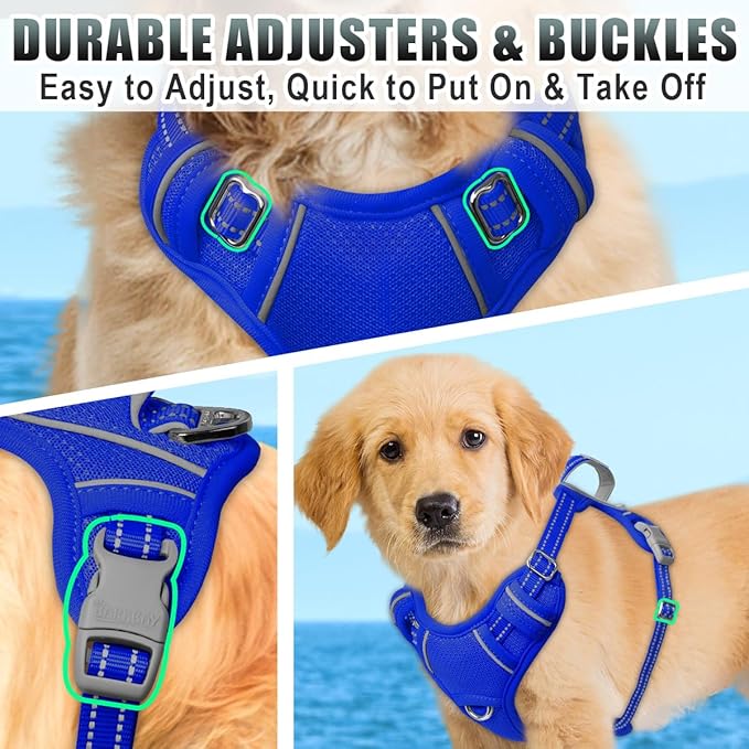 BARKBAY No Pull Dog Harness Large Reflective Dog Harness with Front Clip and Easy Control Handle for Walking Training Running with ID tag Pocket(Sapphire Blue,XS)