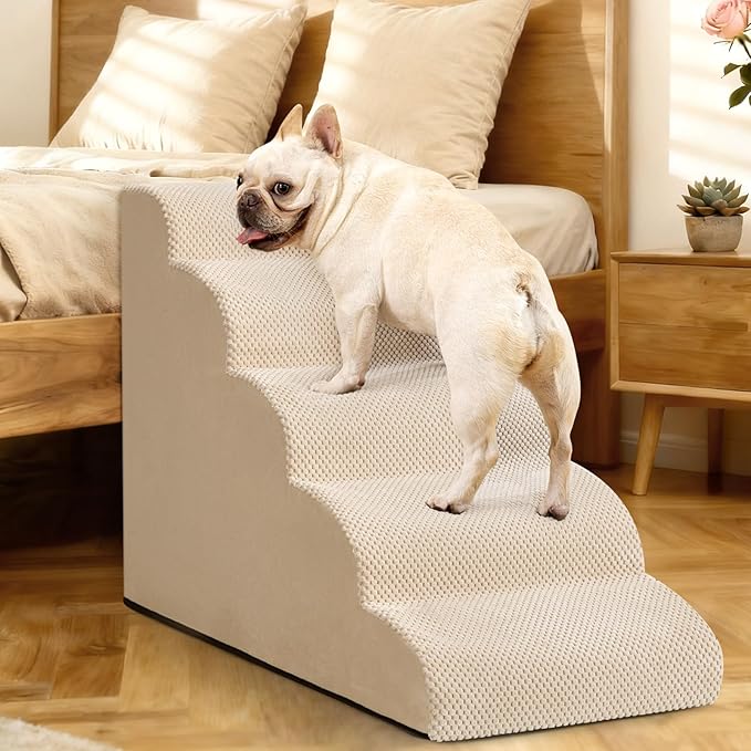 Aodisman Dog Stairs for High Bed,5 Step Dog Ramp for Small and Medium Dogs,Pet Stairs with Non-Slip Bottom for Puppy, Older Cat,Indoor Pet Steps,Comfort,Durable,22.4" H,Beige