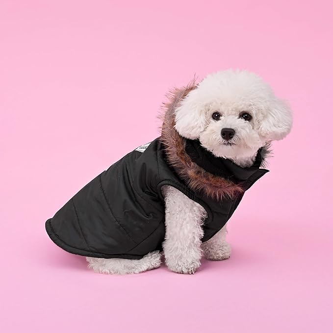 Juicy Couture Faux Fur Hooded Pet Jacket for Dogs and Cats - Black - Extra Small/Small