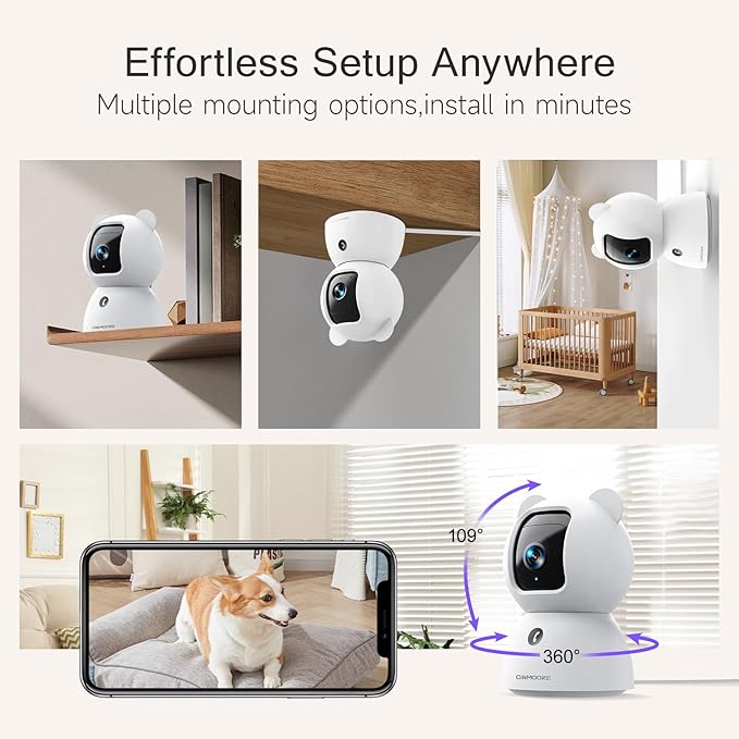 CINMOORE 2.5K Pet/Dog Camera with Speaker/Phone App, No-Monthly-Fee AI Person/Pet/Cry Detection Security Camera Indoor, PTZ 2.4GHz WiFi Baby Monitor Cameras for Home Security, Night Vision, 2-Way Talk