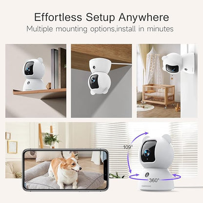 CINMOORE 2.5K Pet/Dog Camera with Speaker/Phone App, No-Monthly-Fee AI Person/Pet/Cry Detection Security Camera Indoor, PTZ 2.4GHz WiFi Baby Monitor Cameras for Home Security, Night Vision, 2-Way Talk