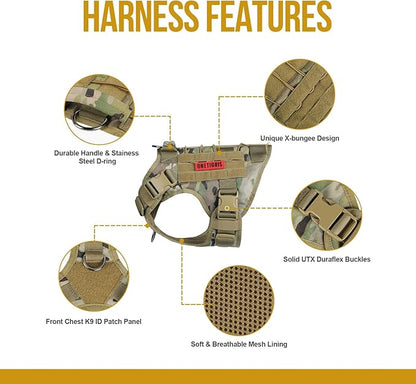 Tactical Dog Harness Vest with Handle, Military Dog Harness for Large Medium Dogs,No-Pull Service Dog Vest with Hook & Loop Panels,Adjustable Dog Vest Harness for Walking Hiking Training（Camo）