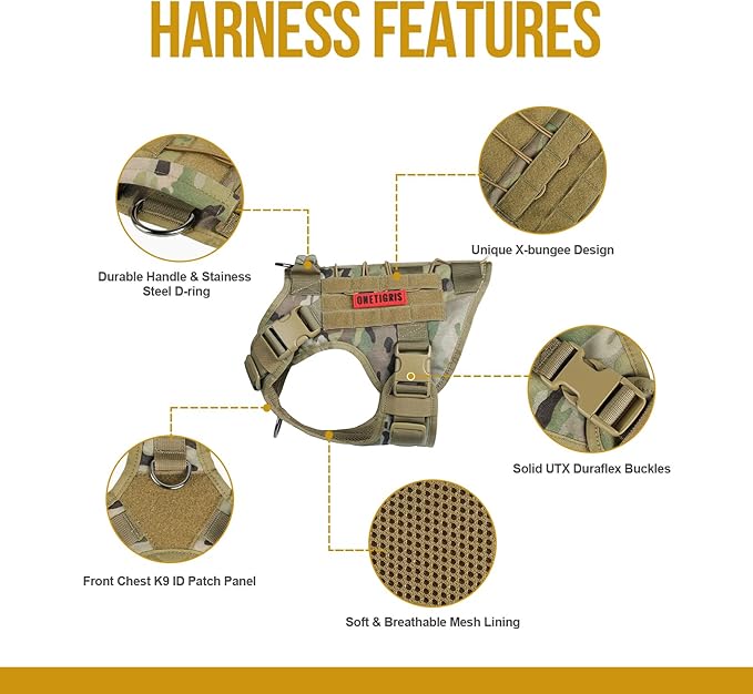 Tactical Dog Harness Vest with Handle, Military Dog Harness for Large Medium Dogs,No-Pull Service Dog Vest with Hook & Loop Panels,Adjustable Dog Vest Harness for Walking Hiking Training（Camo,M）