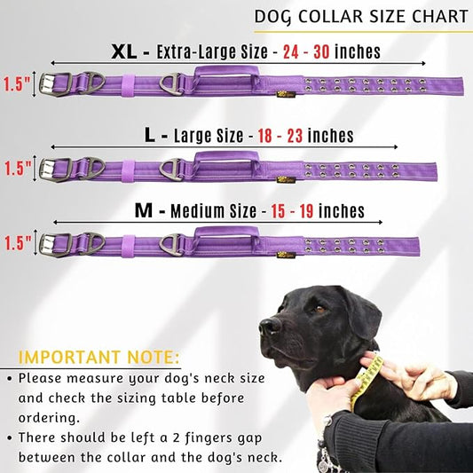 ADITYNA Heavy Duty Dog Collar for Large Dogs - Reflective Purple Collar with Handle for Training, and Walking - Wide, Thick, Tactical, Soft Neoprene Padded