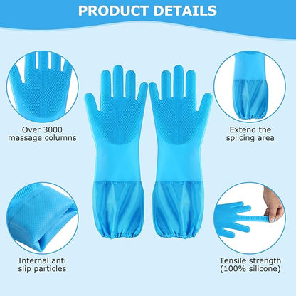 Senquoyn Dog Washing Gloves | Pet Grooming Gloves | Extra Long Arms (17.3") for Cats & Dogs | Massage & Hair Removal Pet Glove(Blue)