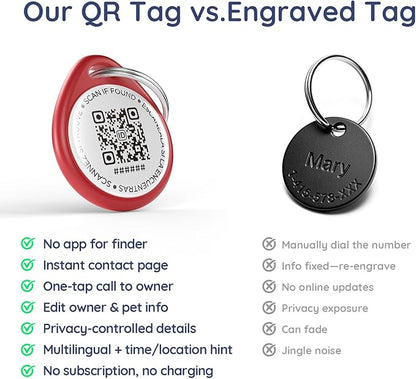 QR Code Dog Tag and Cat Tag, Scan to Reunite Faster, Waterproof and Durable, Lightweight and Quiet, Updatable Contact Info, Red for Bold Style