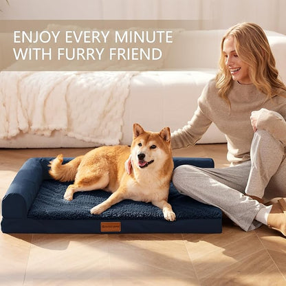 Patas Lague Orthopedic Jumbo Dog Bed for Extra Large Dogs 56''X40'', Waterproof L Bolster Pet Sofa Beds with Removable Washable Cover, Soft Comfortable Pet Couch Crate Mat with Nonskid Bottom, Navy