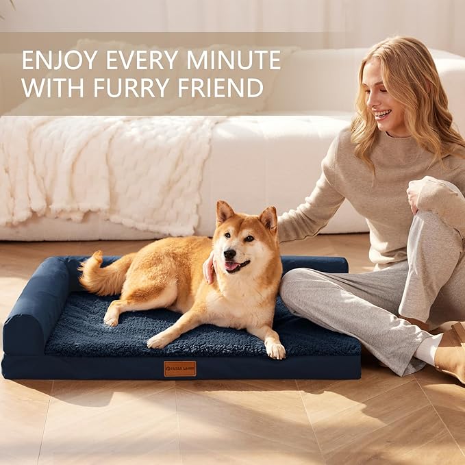 Patas Lague Orthopedic Dog Bed Large Sized Dog 36''X24'', Waterproof L Bolster Medium Pet Sofa Beds with Removable Washable Cover, Soft Comfortable Pet Couch Crate Mat with Nonskid Bottom, Navy Blue