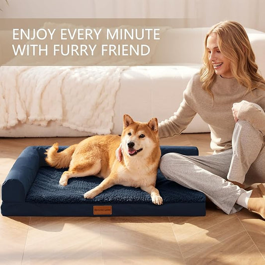Patas Lague Orthopedic Dog Bed Large Sized Dog 36''X24'', Waterproof L Bolster Medium Pet Sofa Beds with Removable Washable Cover, Soft Comfortable Pet Couch Crate Mat with Nonskid Bottom, Navy Blue