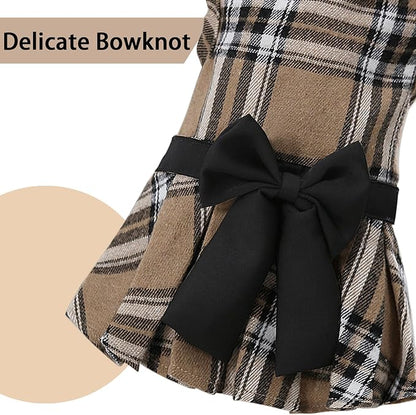 Pet Dresses for Small Dogs Cats Girl, Cute Princess Bowknot Dress Puppy Shirt All Weather Skirt Clothes Cat Apparel for Birthday Wedding Party Holiday (Khaki&Black, Large)