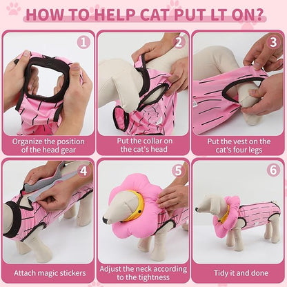 EMUST 2PCS Cat Recovery Suit, Cat Surgery Suit for Abdominal Wounds, Adjustable Flower Neck Cone Collar Soft, Cats Onesie After Surgery for 4-8lb(Pink, M)