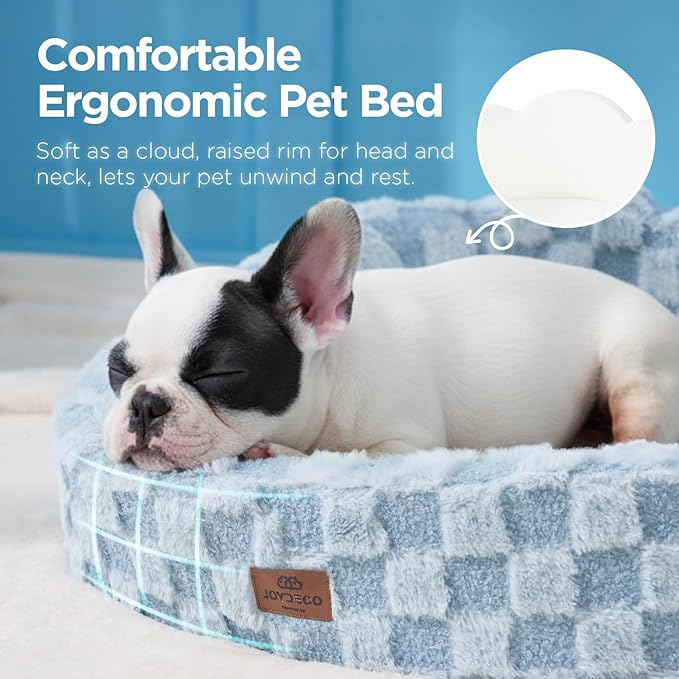 Joydeco Cloud Dog Bed for Small Dogs & Cats, Washable Pet Bed with Orthopedic Foam and Removable Checkered Plush Pad, Non-Slip Bottom for Indoor Puppies and Kittens, 27x24 Inch, Light Blue