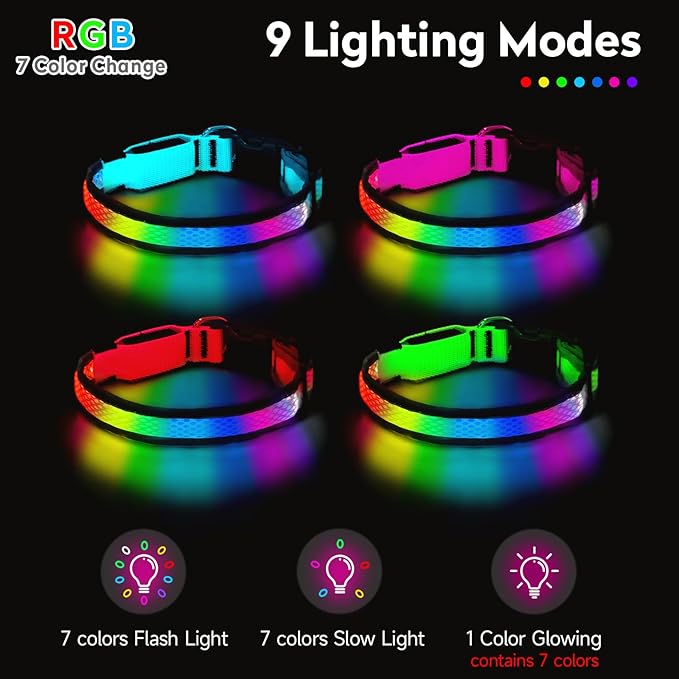 LED Dog Collar, Light Up Dog Collar USB Rechargeable, Nylon Adjustable Comfortable Soft Bright RGB 7 Colors Changing Safety Light Glowing Collar for Medium and Large Dogs(Medium,Green)