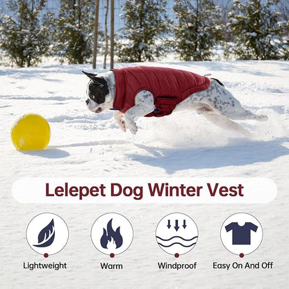 Lelepet Reversible Dog Coat Waterproof Dog Jacket Windproof Puffer Vest for Winter Warm Lightweight Coats for Medium Dogs Adjustbale Hook & Loop Pet Apparel with Leash Hole, French Bulldog, Wine Red L