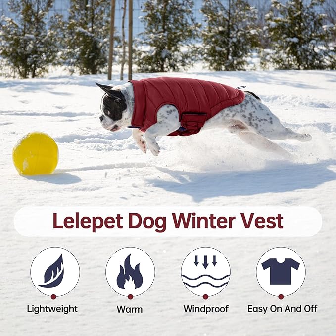 Lelepet Reversible Dog Coat Waterproof Dog Jacket Windproof Puffer Vest for Winter Warm Lightweight Coats for Small Dogs Adjustbale Hook & Loop Pet Apparel with Leash Hole, Chihuahua, Wine Red, XS