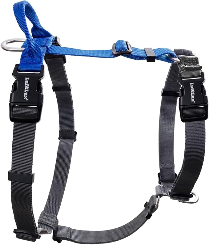 Non-Restrictive Dog Harness, Neck Buckle Design, Easy Walk Freedom No Pull Harness, Keep Balance, Six Points Adjustment, for Large Dogs Chest(25-35 inches) Blue/Black