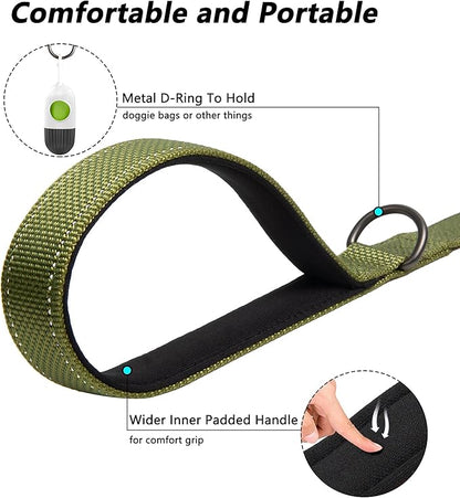 PetiFine 6FT Heavy Duty Dog Leash with Soft Padded Double Handle, Durable Strong Clasp Dog Leashes, Reflective Nylon Walking Lead for Large,Medium,Small Breed Dogs, Green